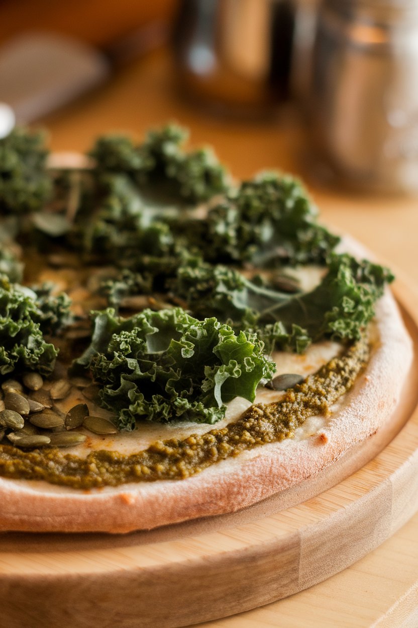 Indoor photo of whole-wheat pizza topped with deep green kale leaves and pumpkin seed pesto under warm lighting, no text or logos