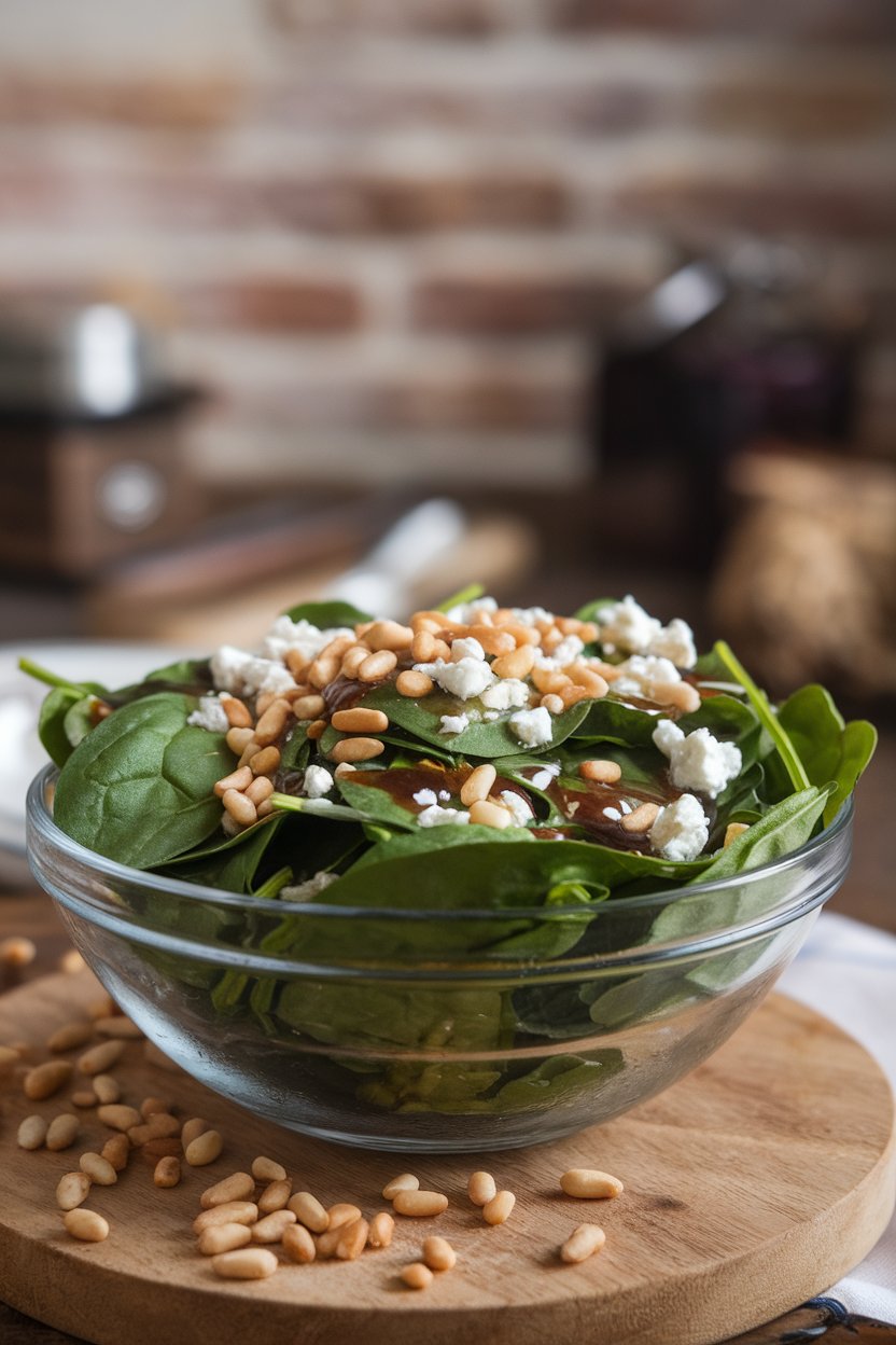 Indoor salad bowl of fresh spinach leaves drizzled with glossy warm shallot vinaigrette. No text or logos.