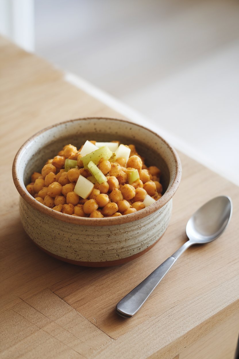 A ceramic bowl indoors containing golden curried chickpea salad with diced apple and celery, spoon resting nearby. No logos shown.