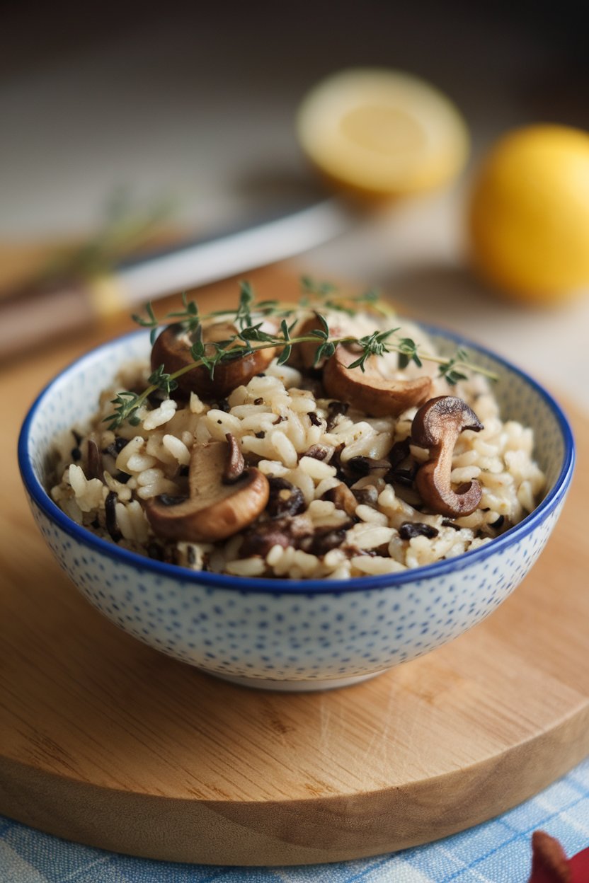 Indoor photo of a bowl of wild rice pilaf with sautéed mushrooms and fresh thyme. No text or logos.