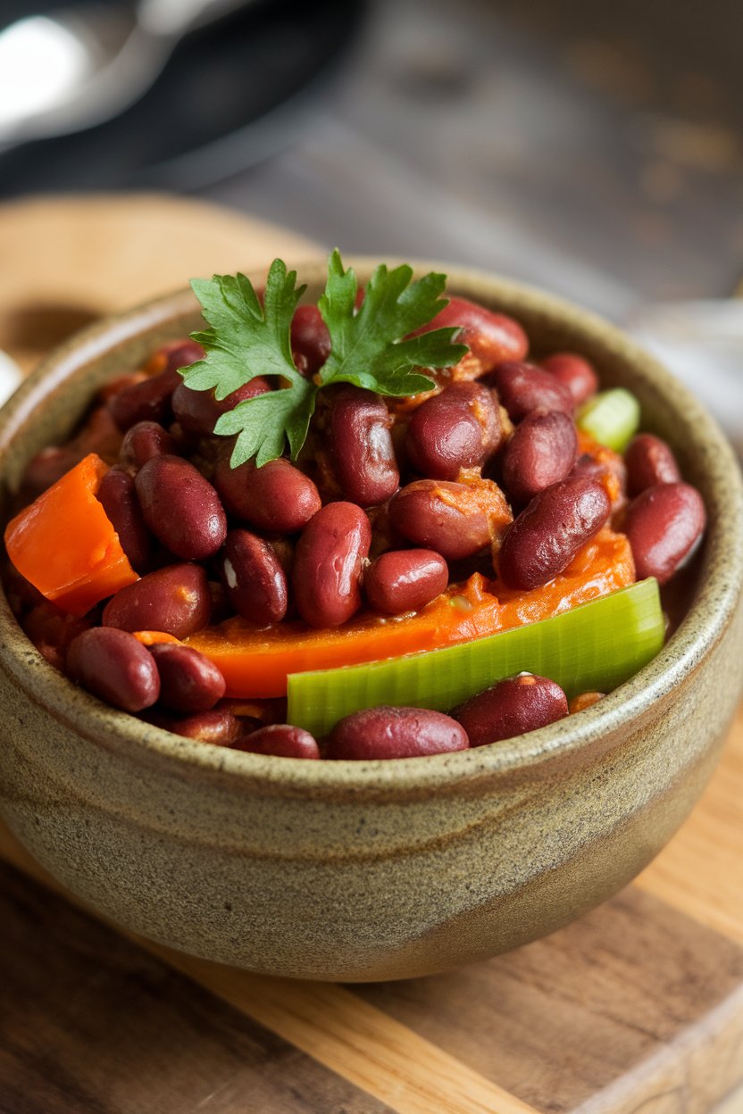 Indoor food photo of smoky red beans with bell pepper and celery in a stoneware bowl; parsley garnish, no text or logos.