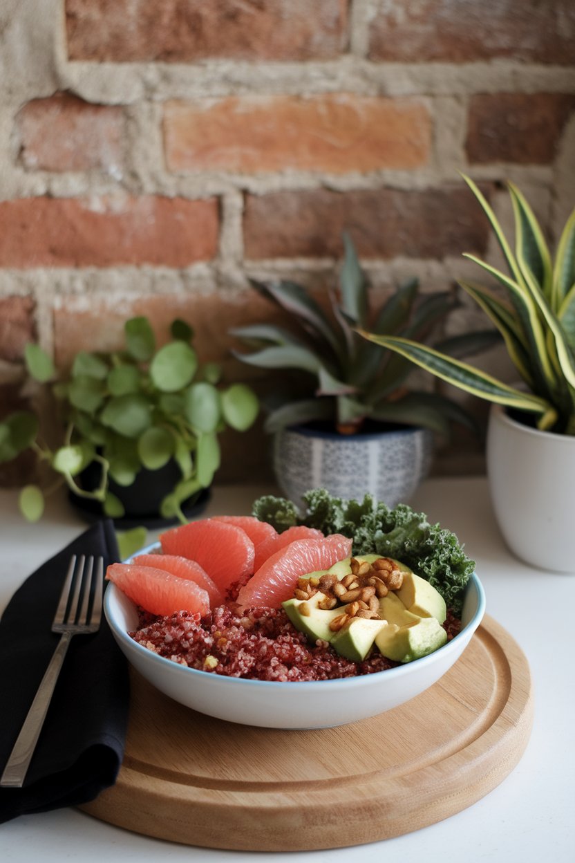 Indoor brunch table displaying a bowl of red quinoa, grapefruit segments, avocado cubes, baby kale, and toasted pepitas. Photo only, no text or logos.