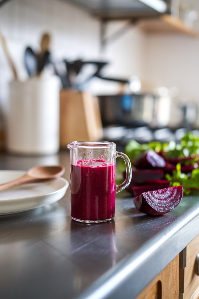 Indoor kitchen counter with a small pitcher of magenta roasted beet dressing, roasted beet wedges off to the side. Photo, not illustration. No text or logos.