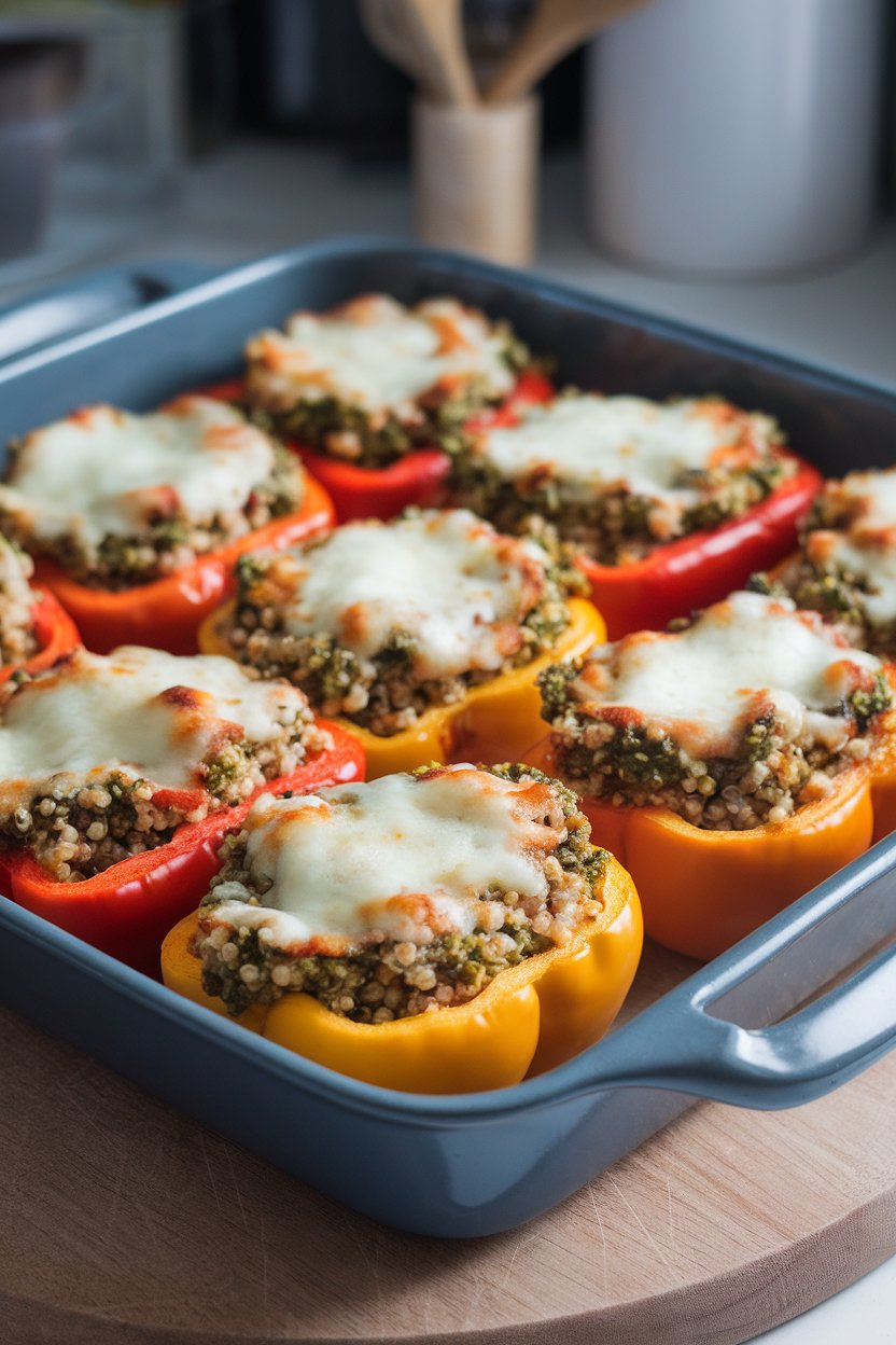 Photo prompt: Indoor baking dish with bell pepper halves filled with a mixture of white beans, quinoa, and basil pesto, cheese lightly melted on top. No text or logos.