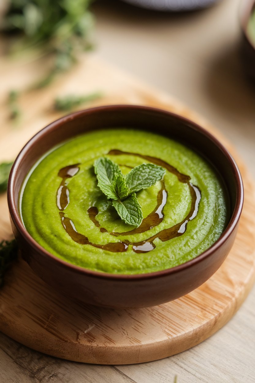 Indoor bowl of bright green soup topped with a drizzle of olive oil and fresh mint leaves. No logos or text; photo.
