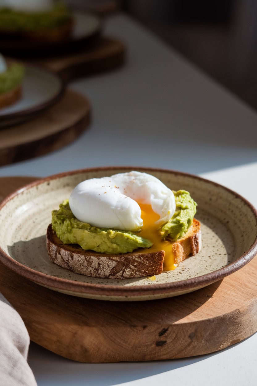 Indoor photo of a rustic ceramic plate holding smashed avocado on toasted sourdough topped with a runny poached egg, soft natural light, no text or logos.