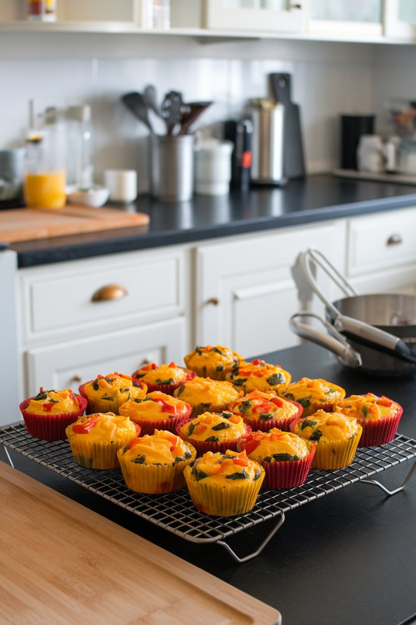 An indoor kitchen counter with a cooling rack of colorful egg muffins packed with diced peppers, spinach, and cheese. Photo, no logos visible.