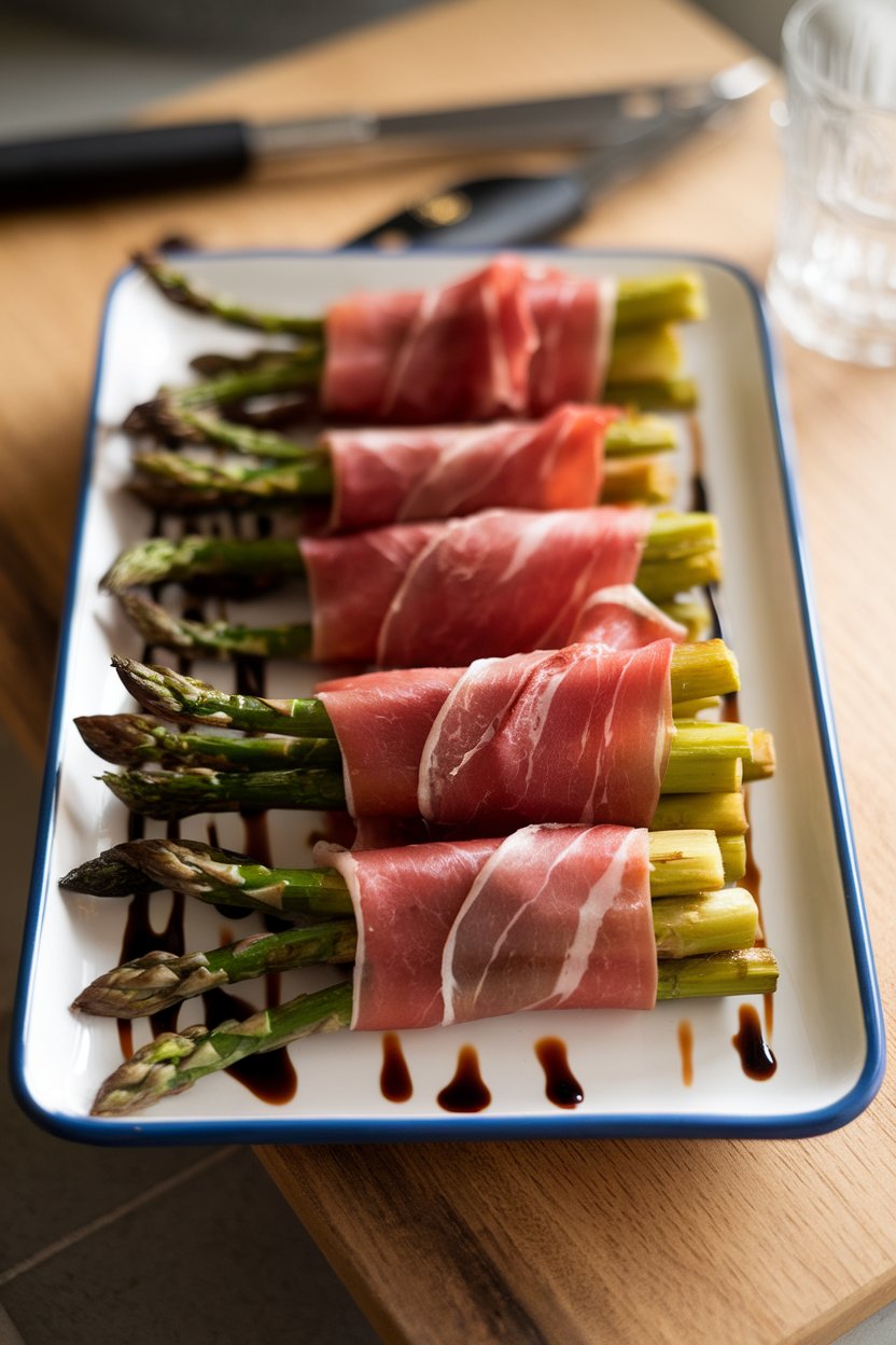 A white rectangular platter holding bundles of roasted asparagus wrapped in thin prosciutto ribbons. Soft indoor light, no text or logos.