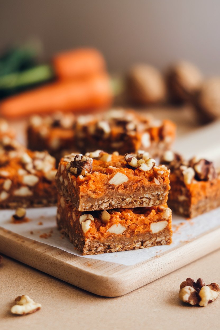 An indoor cutting board lined with carrot cake energy bars studded with walnuts, photo, no text or logos.