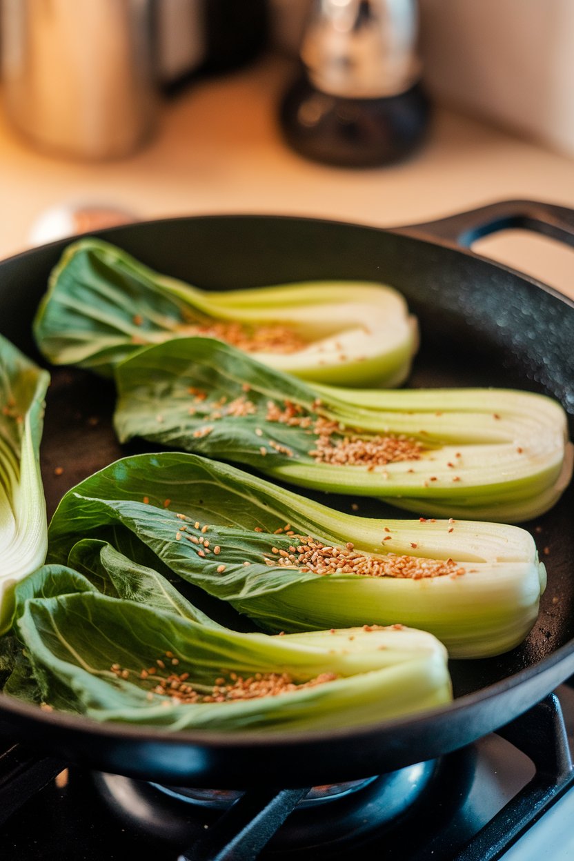 Indoor photo of bright green bok choy halves sizzling in a skillet, sesame seeds sprinkled on top. No text or logos; photograph.