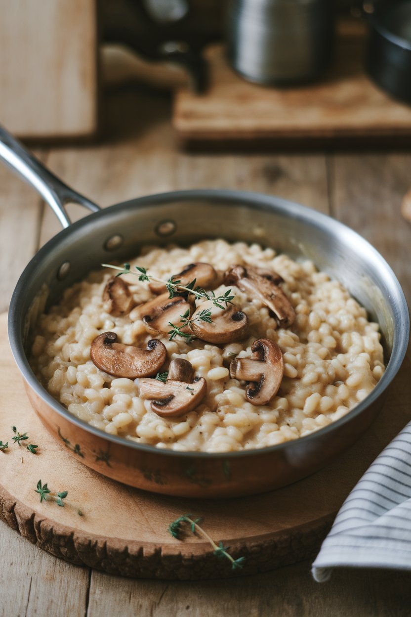 Indoor saucepan with creamy barley risotto studded with sautéed mushrooms and fresh thyme leaves; gentle task lighting; photo, no text or logos.