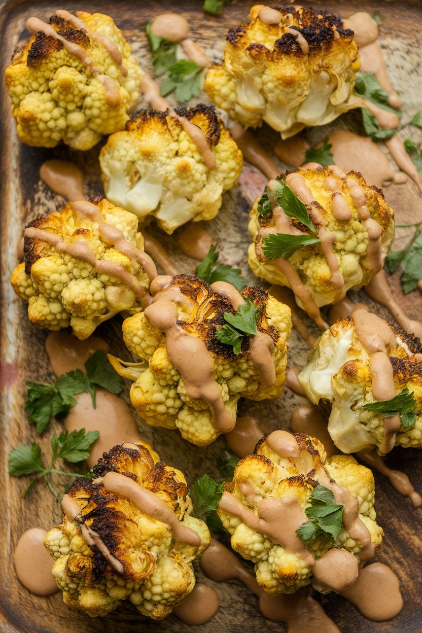 Indoor serving platter of Romanesco florets roasted golden and drizzled with tahini-lemon sauce, sprinkled with parsley. No text or logos; photo.</p