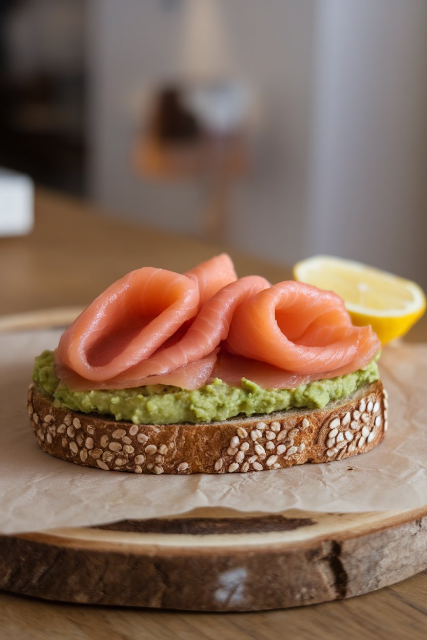 A wooden indoor table with a slice of toasted sprouted-grain bread topped with mashed avocado and neatly layered smoked salmon; lemon wedge on the side, no visible brands.