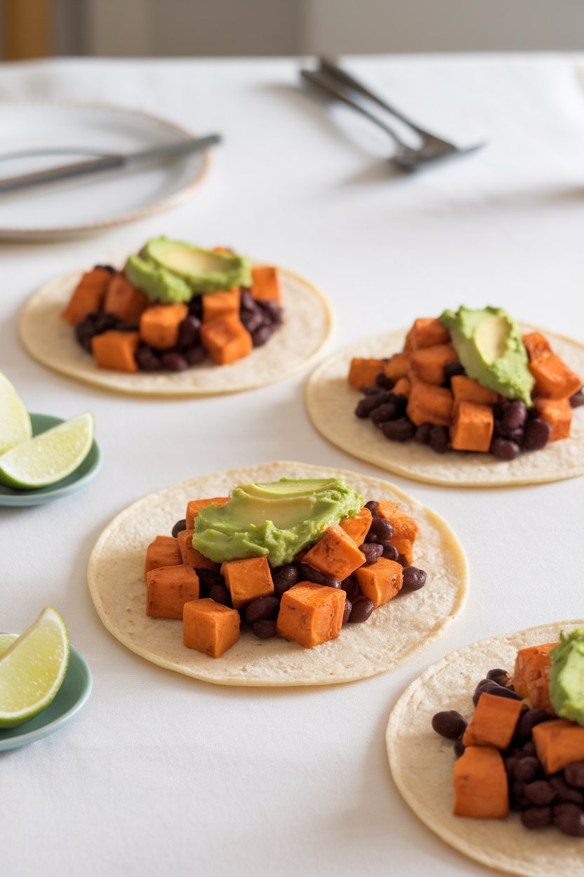 An indoor dining table scene with three corn tortillas filled with roasted sweet potato cubes, black beans, and avocado crema, lime wedges nearby. No logos or text. Photo.