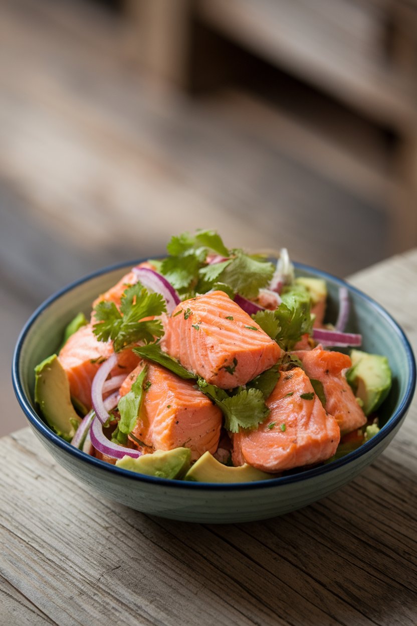 An indoor bowl of bite-size salmon pieces marinated in lime juice with cilantro, red onion, and avocado, clearly cooked, not raw. No text or logos appear.