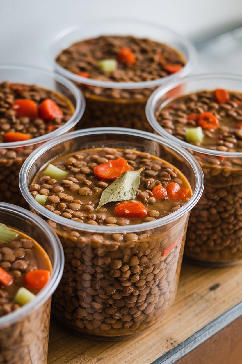 Clear plastic containers indoors filled with hearty brown lentil soup dotted with carrots, celery, and tomatoes, bay leaf floating on top. No logos.