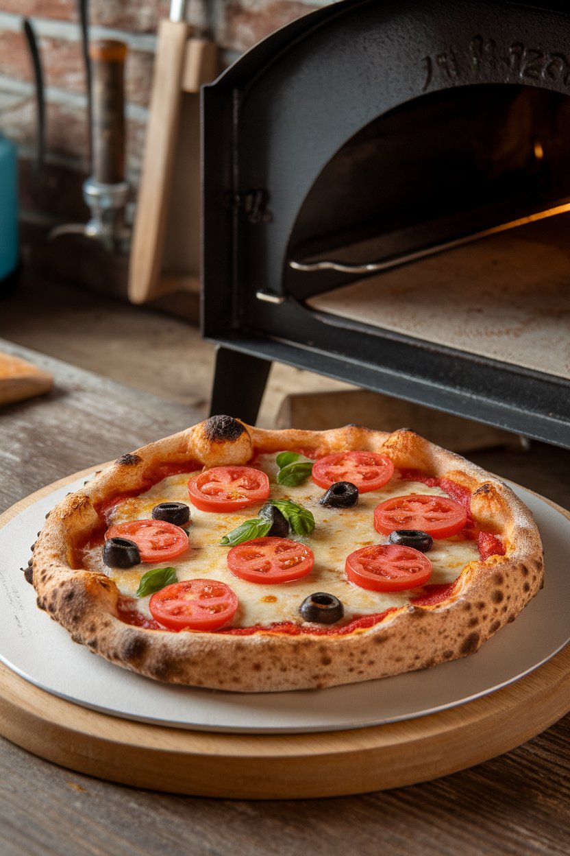 Indoor pizza stone holding whole-wheat pizza topped with tomato slices, olives, and basil, cheese bubbling. No logos.