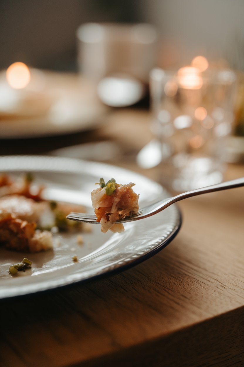 Indoor close-up of a fork resting on the edge of a plate mid-meal, illustrating mindful pauses. Soft dining light, no text or logos.