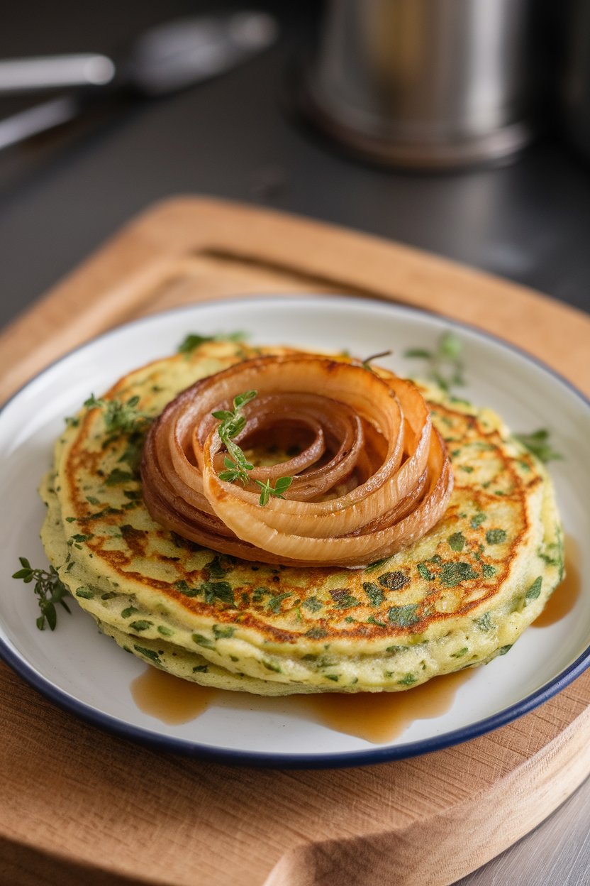 Indoor savory presentation of herb-flecked pancakes topped with caramelized onion strands; photo only.