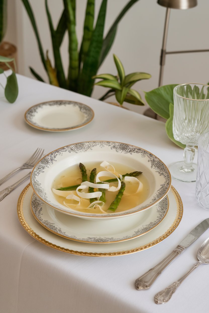 Indoor elegant table with porcelain bowl of clear crab and asparagus soup, egg ribbons floating. No text or logos. Photo.