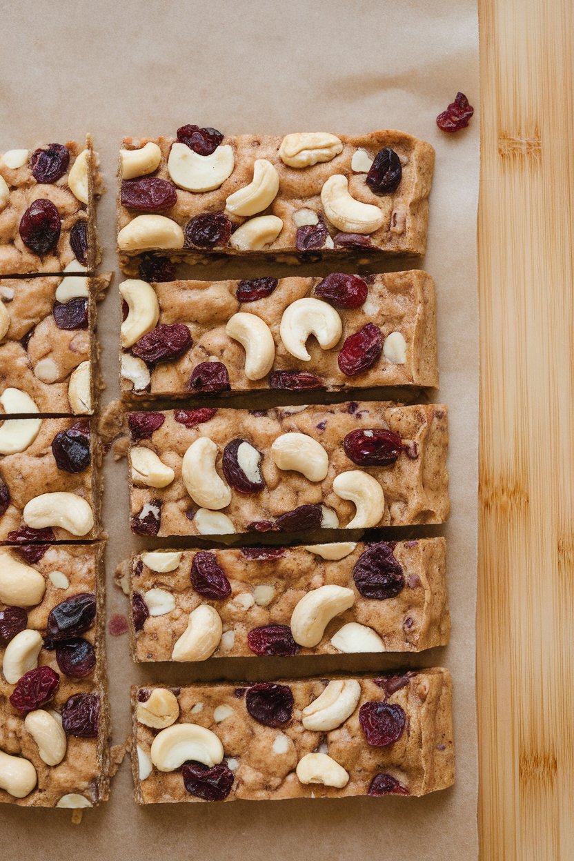 Indoor countertop with homemade energy bars cut into rectangles, showing visible cashews and dried cranberries, no packaging. Photo, no text or logos.