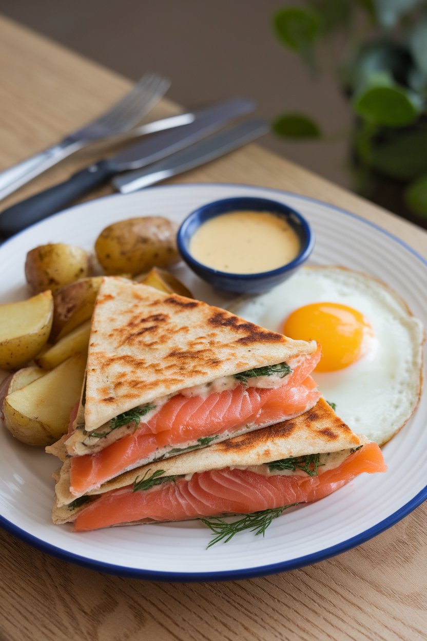 Indoor brunch plate, hot-smoked salmon and dill quesadilla slices, photo, no text or logos.