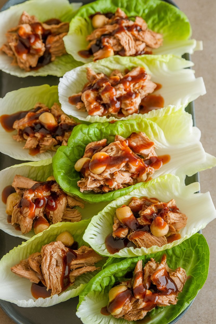 An indoor platter of crisp butter-lettuce leaves filled with minced cooked chicken, water chestnuts, and soy-ginger sauce, no text or logos present.