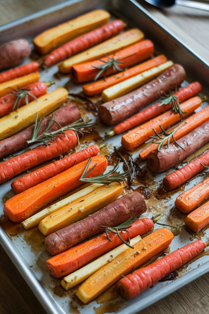 Photo prompt: Indoor sheet pan of roasted carrots, parsnips, and sweet potatoes glazed with maple syrup and rosemary. No text or logos.