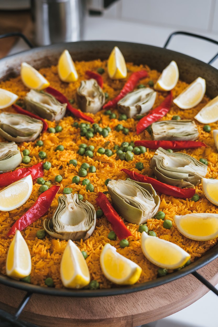 An indoor paella pan filled with saffron rice, artichoke hearts, peas, and roasted red peppers, lemon wedges arranged around rim. No text or logos; photo, not illustration.