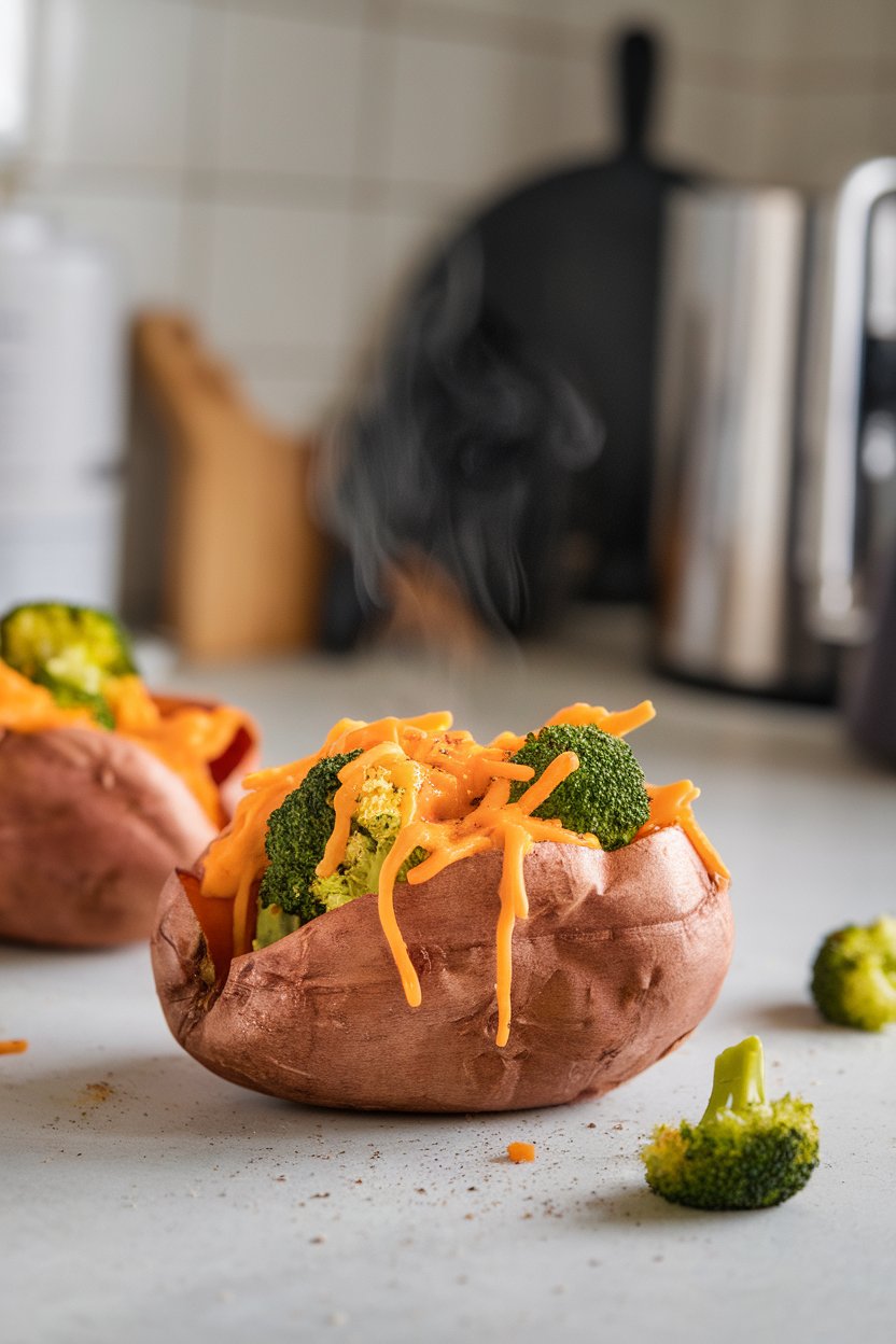 Photo prompt: A baked sweet potato split open on an indoor kitchen counter, packed with steamed broccoli florets and melted sharp cheddar cheese, steam rising gently. No text or logos.