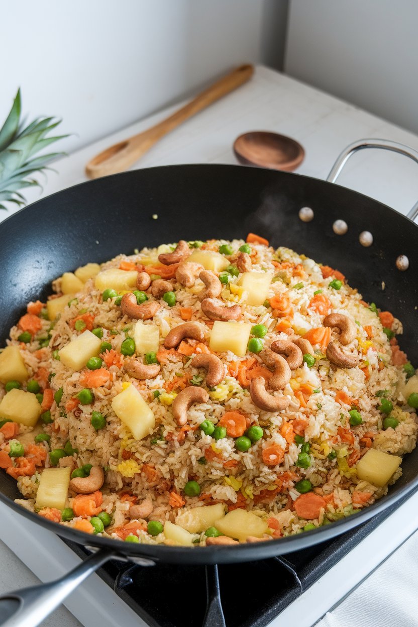 Indoor wok shot of colorful fried rice flecked with pineapple chunks, peas, carrots, and roasted cashews. No text or logos.