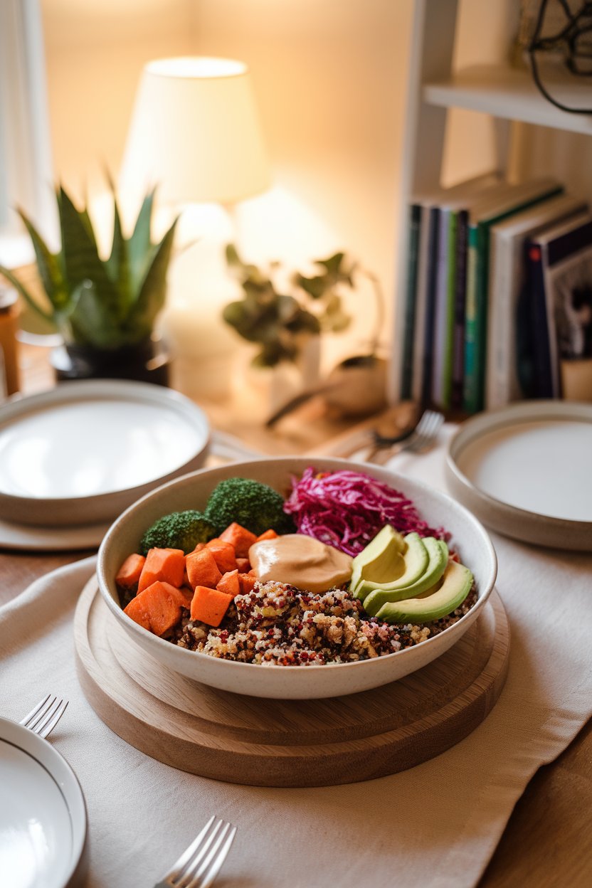 A warmly lit indoor dining table with a shallow white bowl filled with tri-color quinoa, roasted sweet potatoes, steamed broccoli, sliced avocado, shredded purple cabbage, and a drizzle of tahini sauce. No text or logos anywhere in the photo.