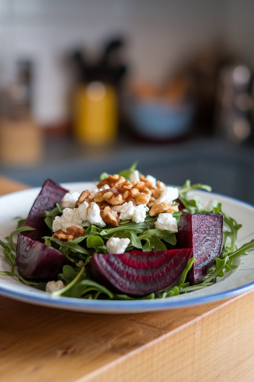 An indoor salad plate with roasted beet wedges, arugula leaves, crumbled goat cheese, and toasted walnuts. No text or logos visible. Photo only.