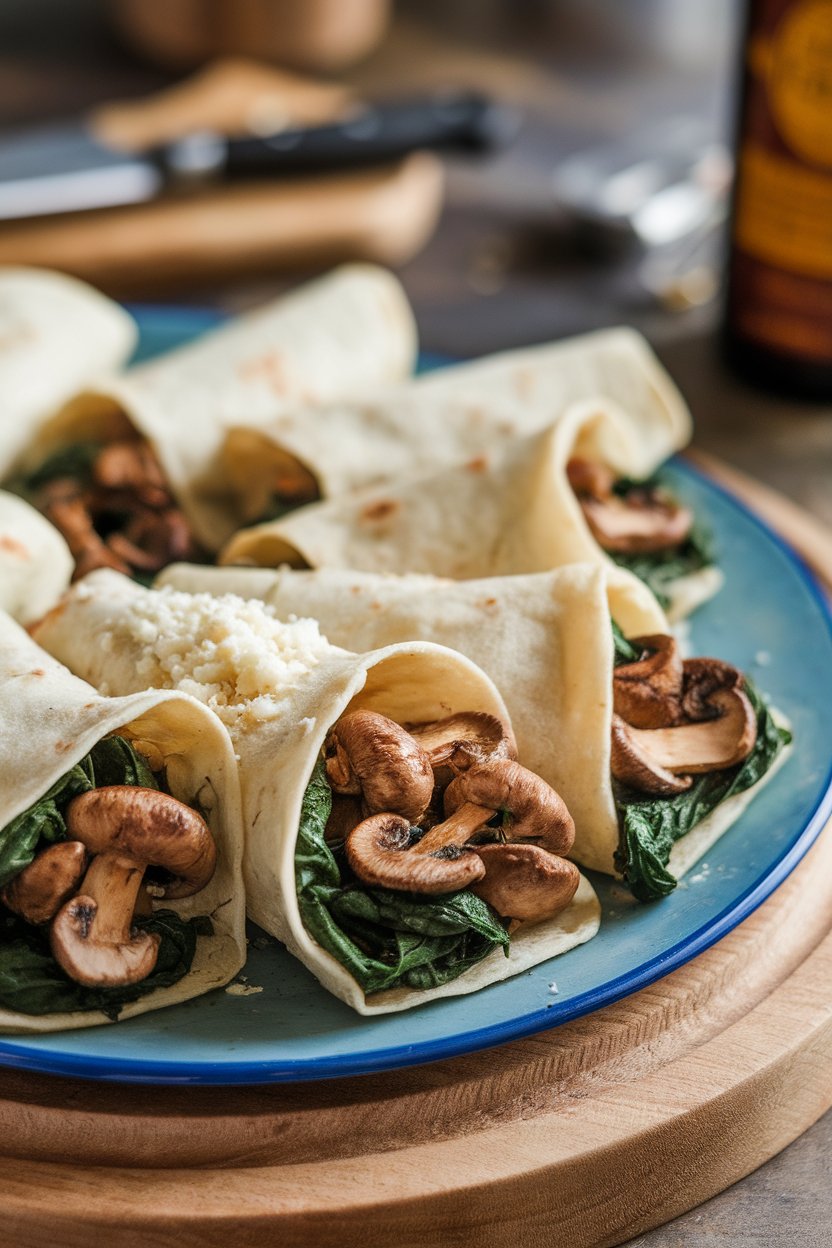 Photo indoors of tortillas stuffed with sautéed cremini mushrooms and wilted spinach, sprinkled with queso fresco. No logos or text.
