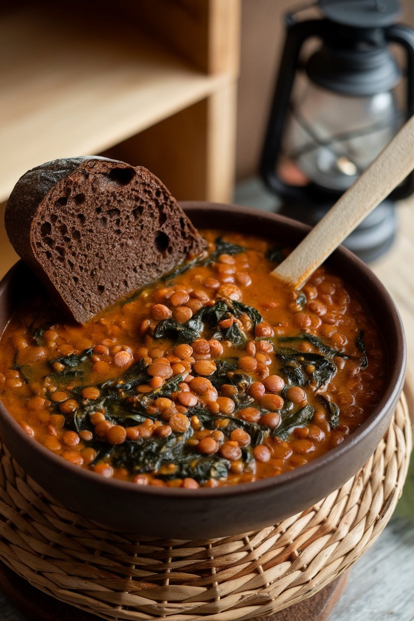 Indoor photo of a deep bowl of red lentil stew with spinach swirling through, spoon resting on the side. No text or logos.