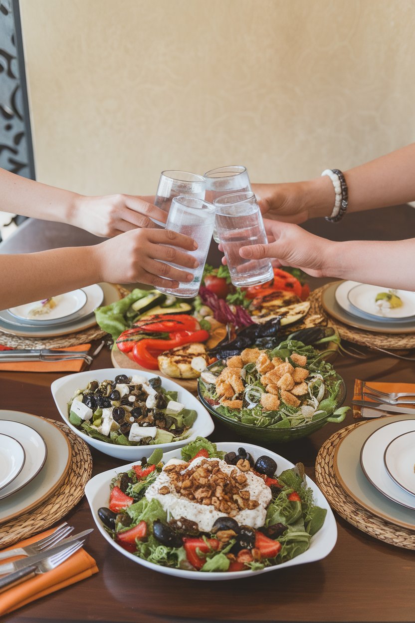 An indoor dining table with four hands clinking glasses of sparkling water above a colorful spread of salads and grilled vegetables. No text or logos on glasses.
