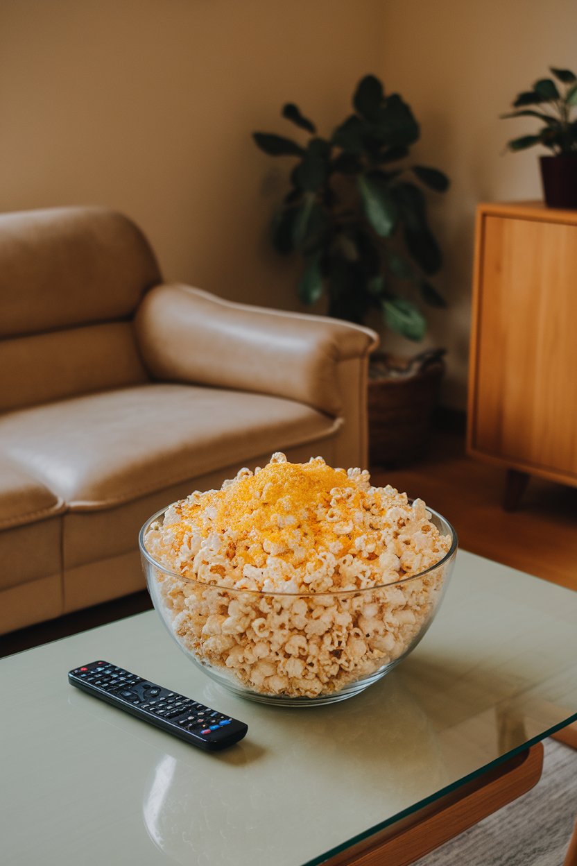 Indoor living room coffee table with a large bowl of fluffy popcorn dusted with yellow nutritional yeast, remote control nearby. No text or logos, photo not illustration.