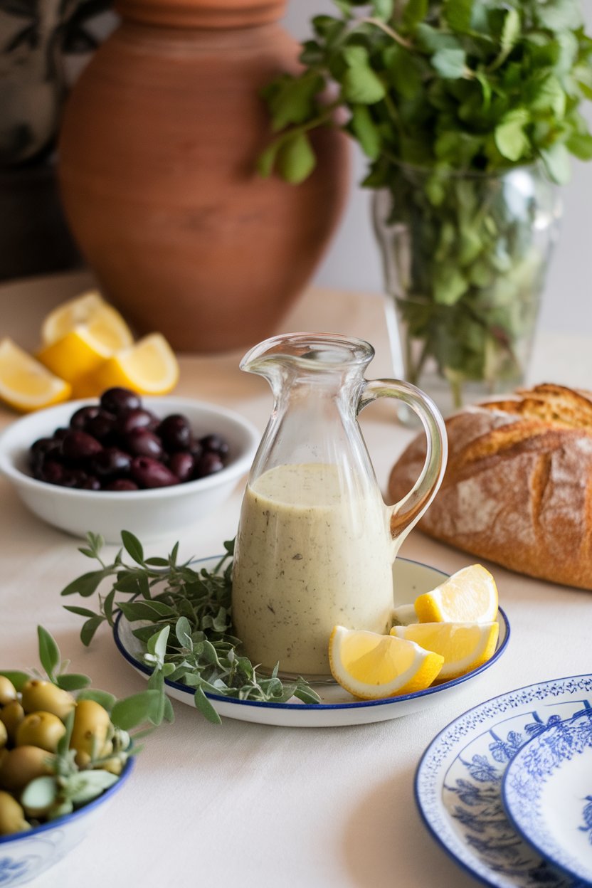 Indoor Mediterranean-style table showing a cruet of lemon oregano dressing, oregano sprigs and lemon twists on a plate. Photo, not illustration. No text or logos.