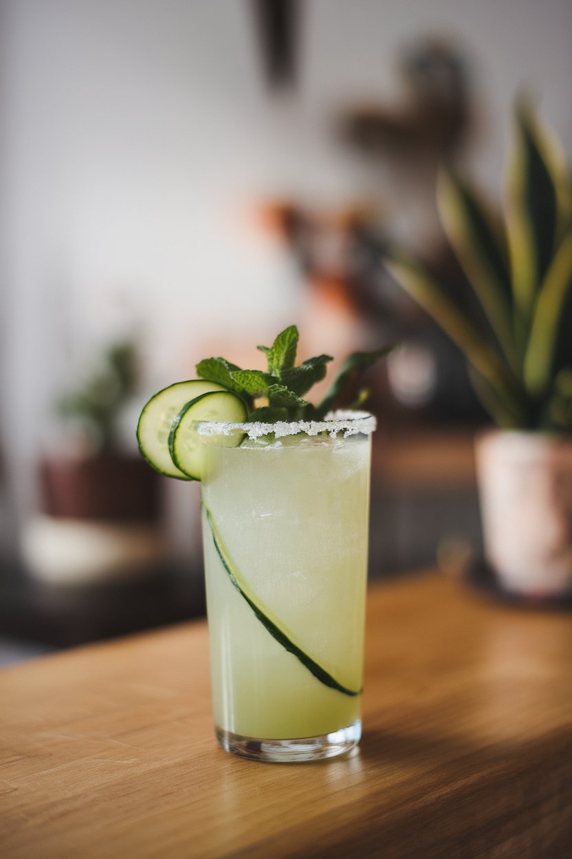 Indoor bar, highball of pale green margarita, cucumber ribbon spiral, mint sprig; no logos.