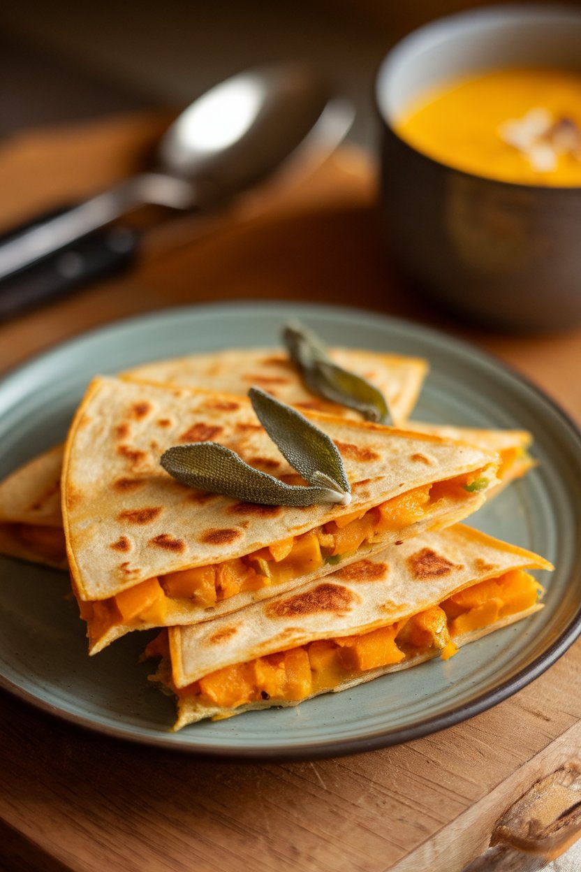 Indoor autumnal plate, golden butternut squash quesadilla wedges with crispy sage garnish, photo, no text or logos.