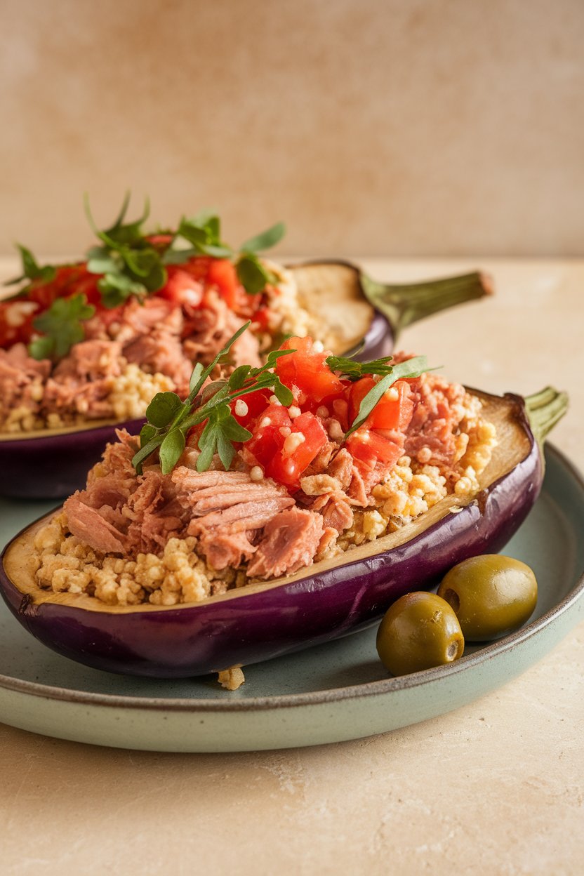 Halved roasted eggplant filled with tuna, whole-wheat couscous, and diced tomatoes; indoor, no logos.
