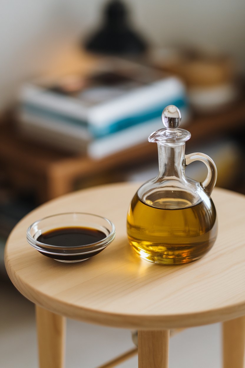 Indoor photo of a glass cruet of golden olive oil next to a small dish of balsamic vinegar, simple wooden table, no text or logos