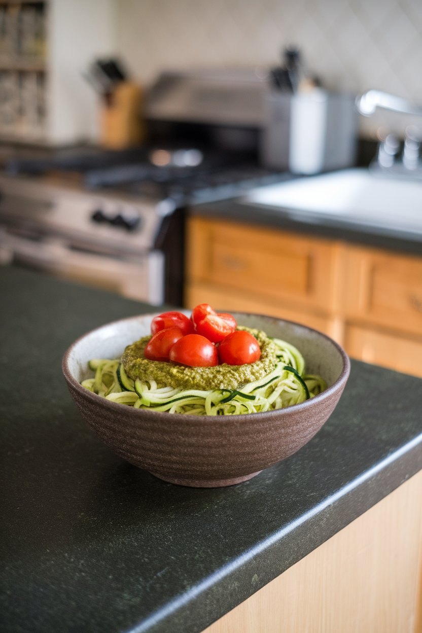An indoor kitchen island with a plated zucchini noodle bowl tossed in pesto, cherry tomatoes on top; no text or logos. Photo, not illustration.