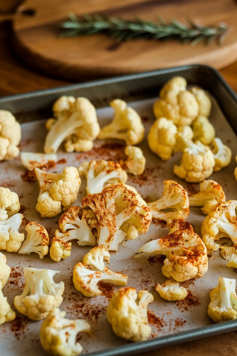 A photo of a sheet pan indoors covered in cauliflower florets coated in red harissa spice, roasted until edges brown. No text or logos present.