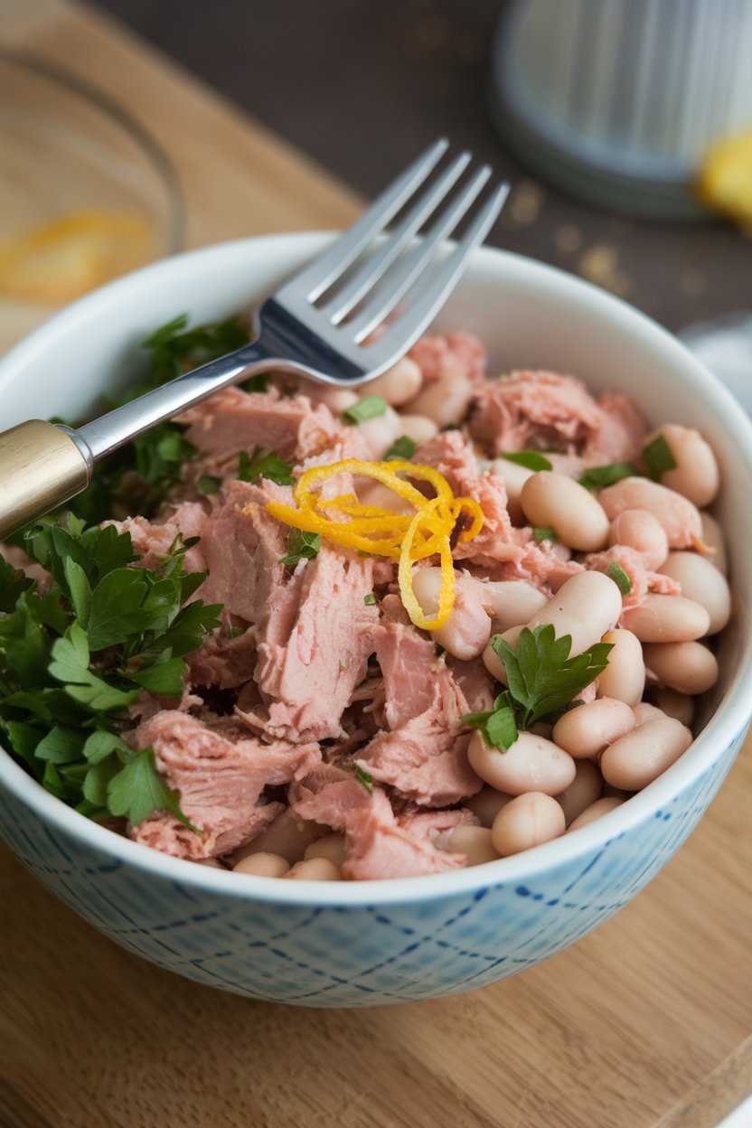 Indoor photo of a bowl combining canned tuna, white beans, parsley, and lemon zest, fork resting on the rim. No text or logos.