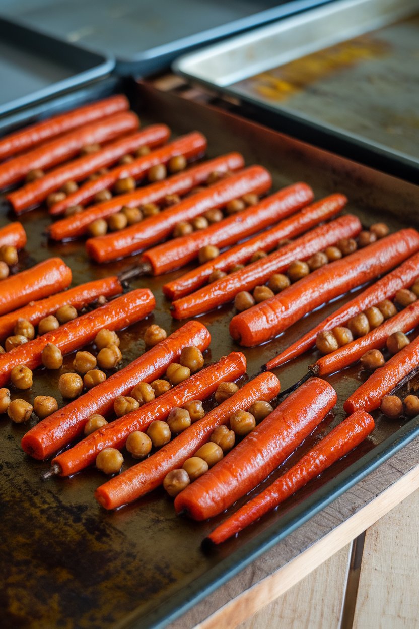 Photo of an indoor baking sheet showing roasted carrots and chickpeas coated in red harissa glaze, no text or logos