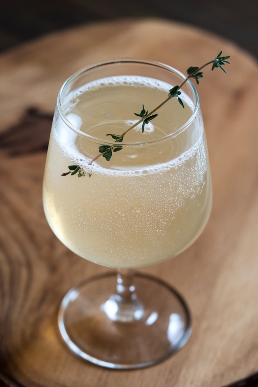 Indoor glass filled with pale pear fizz, tiny thyme sprig resting on foam, gentle bubbles visible. No text or logos.