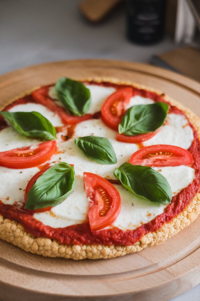 Indoor photo of a round cauliflower crust pizza topped with melted mozzarella, tomato slices, and basil leaves, no text or logos.