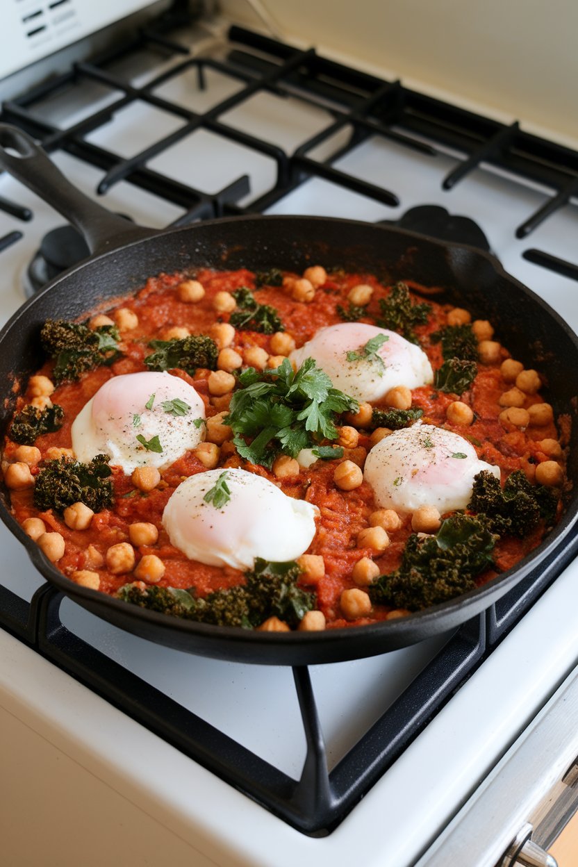 A skillet on an indoor stove filled with tomato-based sauce, poached eggs, chickpeas, and kale, garnished with parsley; no text or logos; photo.