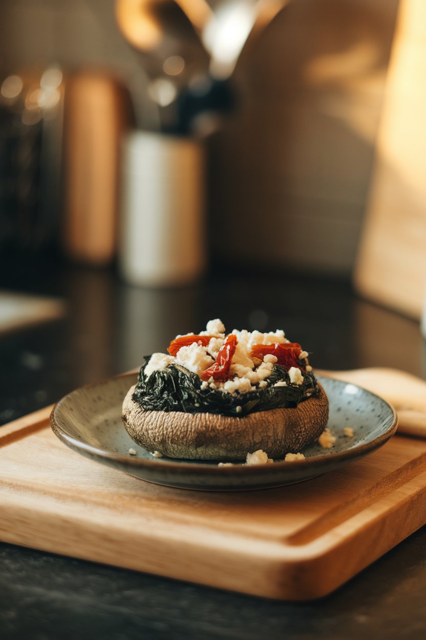 A warmly lit indoor countertop with a baked portobello cap filled with wilted spinach, crumbled feta, and sun-dried tomatoes, served on a small plate. No text or logos present.